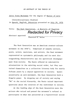 The Beat Generation: a Rhetoric of Negation Redacted for Privacy Abstract Approved: Thurston E