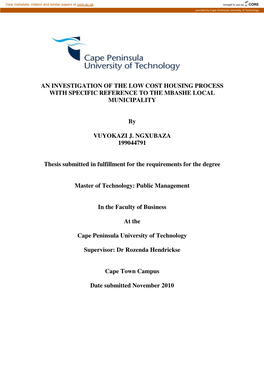 AN INVESTIGATION of the LOW COST HOUSING PROCESS with SPECIFIC REFERENCE to the MBASHE LOCAL MUNICIPALITY by VUYOKAZI J. NGXUBAZ
