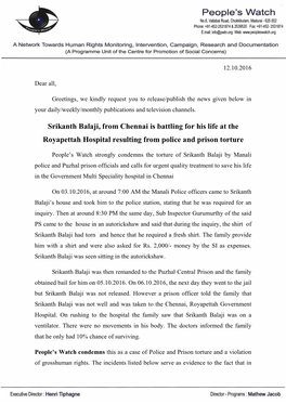 Srikanth Balaji, from Chennai Is Battling for His Life at the Royapettah Hospital Resulting from Police and Prison Torture