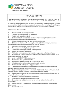 PROCES-VERBAL Séance Du Conseil Communautaire Du 25/09/2018