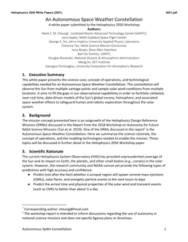 An Autonomous Space Weather Constellation a White Paper Submitted to the Heliophysics 2050 Workshop Authors: Mark C