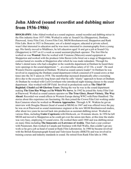 John Aldred (Sound Recordist and Dubbing Mixer from 1936-1986)