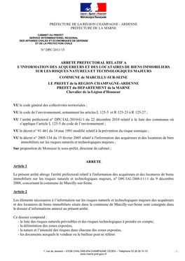 Arrete Prefectoral Relatif a L'information Des Acquereurs Et Des Locataires De Biens Immobiliers Sur Les Risques Naturels Et T