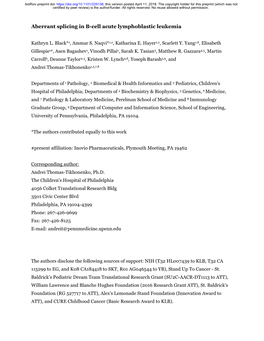 Aberrant Splicing in B-Cell Acute Lymphoblastic Leukemia
