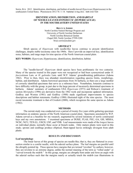 Identification, Distribution, and Habitat of Needle-Leaved Hypericum (Hypericaceae) in the Southeastern United States