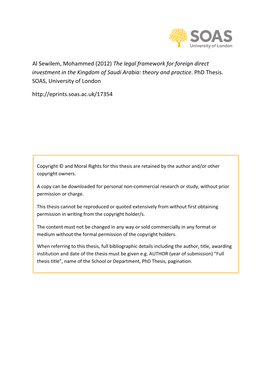 The Legal Framework for Foreign Direct Investment in the Kingdom of Saudi Arabia: Theory and Practice