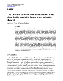 The Question of Divine Omnibenevolence: What Does the Hebrew Bible Reveal About Yahweh’S Nature? Jonathan Faris, Religious Studies*