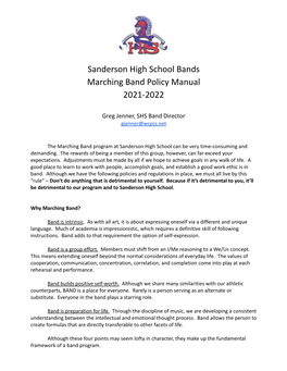 Sanderson High School Bands Marching Band Policy Manual 2021-2022