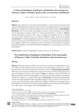 La Fauna De Riodinidos (Lepidoptera: Riodinidae) Del Municipio De Riosucio, Caldas, Colombia: Apuntes Sobre Su Taxonomía Y Distribución