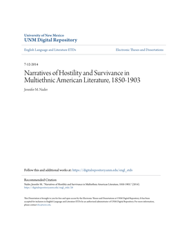 Narratives of Hostility and Survivance in Multiethnic American Literature, 1850-1903 Jennifer M