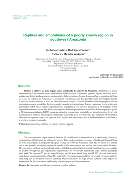 Reptiles and Amphibians of a Poorly Known Region in Southwest Amazonia