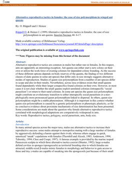 The Case of Size Polymorphism in Winged Ant Queens By