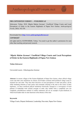 'Mipela Makim Gavman': Unofficial Village Courts and Local Perceptions of Order in the Eastern Highlands of Papua New Guinea
