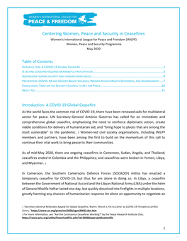 Centering Women, Peace and Security in Ceasefires Women’S International League for Peace and Freedom (WILPF) Women, Peace and Security Programme May 2020