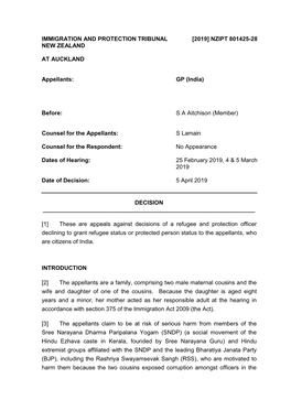 IMMIGRATION and PROTECTION TRIBUNAL NEW ZEALAND [2019] NZIPT 801425-28 at AUCKLAND Appellants: GP (India) Before: S a Aitchi