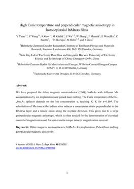 High Curie Temperature and Perpendicular Magnetic Anisotropy in Homoepitaxial Inmnas Films