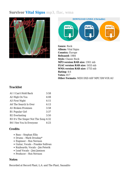 Survivor Vital Signs Mp3, Flac, Wma