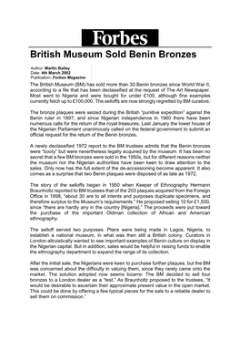 British Museum Sold Benin Bronzes