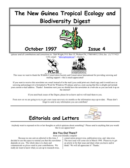 New Guinea Tropical Ecology and Biodiversity Digest