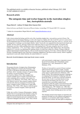 The Ontogenic Time and Worker Longevity in the Australian Stingless Bee, Austroplebeia Australis