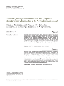 Status of Apostolepis Borellii Peracca 1904 (Serpentes, Xenodontinae), with Restriction of the A