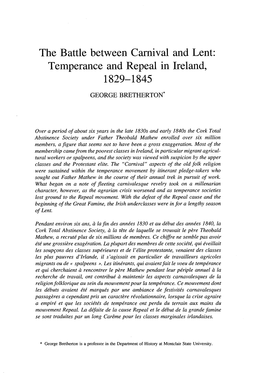 The Battle Between Camival and Lent: Temperance and Repeal in Ireland, 1829-1845