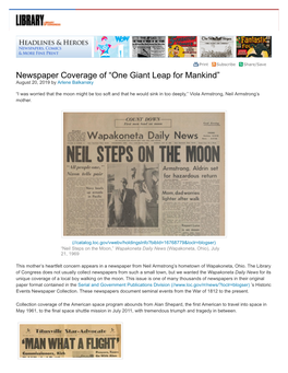 Newspaper Coverage of “One Giant Leap for Mankind” August 20, 2019 by Arlene Balkansky