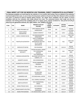 FINAL MERIT LIST for SIX MONTHS USG TRAINING, DIRECT CANDIDATES & ALLOTMENT the Following Candidates Are Merit Listed for the Selection in to Six Months USG Training