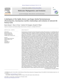 Pezizomycetes, Ascomycota) Clariﬁes Relationships and Evolution of Selected Life History Traits ⇑ Karen Hansen , Brian A