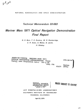 Mariner Mars 1971 Optical Navigation Demonstration Final Report