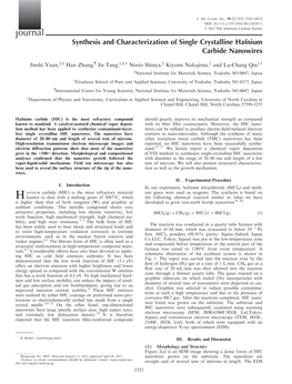 Synthesis and Characterization of Single Crystalline Hafnium Carbide Nanowires