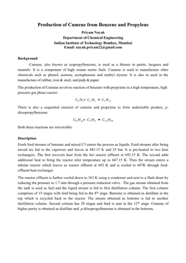 Production of Cumene from Benzene and Propylene