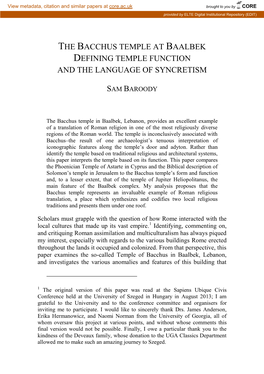 The Bacchus Temple at Baalbek Defining Temple Function and the Language of Syncretism