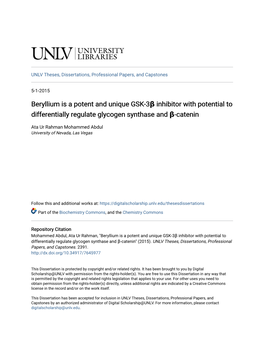 Beryllium Is a Potent and Unique GSK-3Β Inhibitor with Potential to Differentially Regulate Glycogen Synthase and Β-Catenin