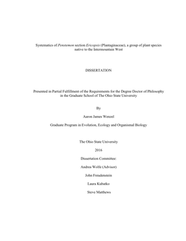 Systematics of Penstemon Section Ericopsis (Plantaginaceae), a Group of Plant Species Native to the Intermountain West