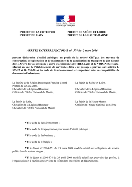 ARRETE INTERPREFECTORAL N° 574 Du 2 Mars 2016