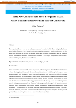 Some New Considerations About Evergetism in Asia Minor. the Hellenistic Period and the First Century BC