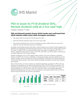 PSA to Boost Its FY18 Dividend 50%, Renault Dividend Yield at a Five-Year High Tuesday, October 2Nd 2018