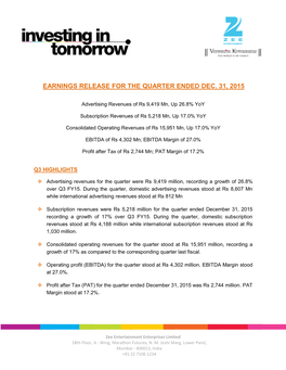 Earnings Release for the Quarter Ended Dec. 31, 2015