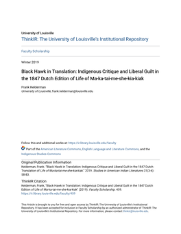 Black Hawk in Translation: Indigenous Critique and Liberal Guilt in the 1847 Dutch Edition of Life of Ma-Ka-Tai-Me-She-Kia-Kiak