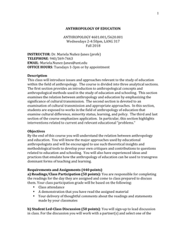 1 ANTHROPOLOGY of EDUCATION ANTHROPOLOGY 4601.001/5620.001 Wednesdays 2-‐4:50Pm, LANG