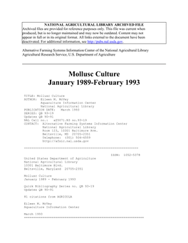 Mollusc Culture Jan. 1989-Feb. 1993