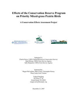 Effects of the Conservation Reserve Program on Priority Mixed-Grass Prairie Birds