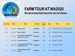 Farm Tour Date Place Country Price (USD) Max Time Note #1.1 8-Jun-20 Batam Island Indonesia 100 100 7:00 AM -7:00 PM Check Your