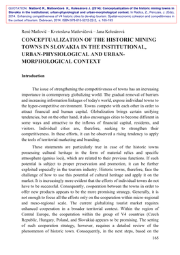 Conceptualization of the Historic Mining Towns in Slovakia in the Institutional, Urban-Physiological and Urban- Morphological Context