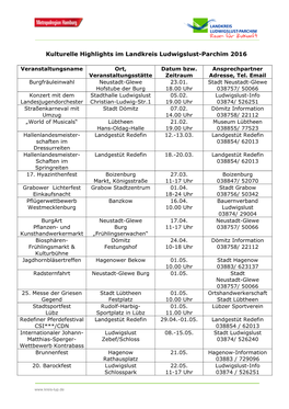 Kulturelle Highlights Im Landkreis Ludwigslust-Parchim 2016