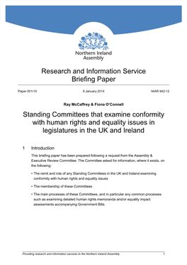 Standing Committees That Examine Conformity with Human Rights and Equality Issues in Legislatures in the UK and Ireland