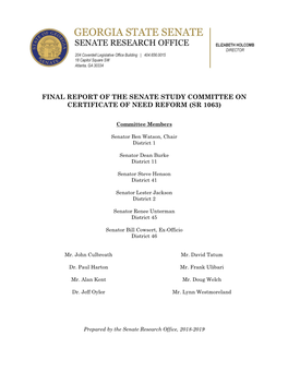 Final Report of the Senate Study Committee on Certificate of Need Reform (Sr 1063)
