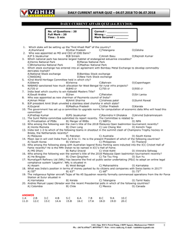 Daily Current Affair Quiz – 04.07.2018 to 06.07.2018