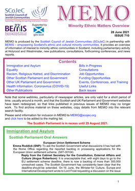 MEMO Is Produced by the Scottish Council of Jewish Communities (Scojec) in Partnership with BEMIS – Empowering Scotland's Ethnic and Cultural Minority Communities